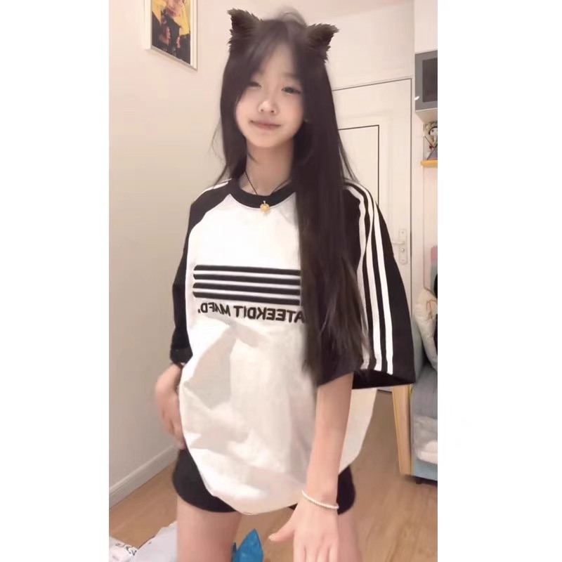 美式復古撞色拼接三條槓短袖t恤女夏季寬鬆oversize高級感上衣潮