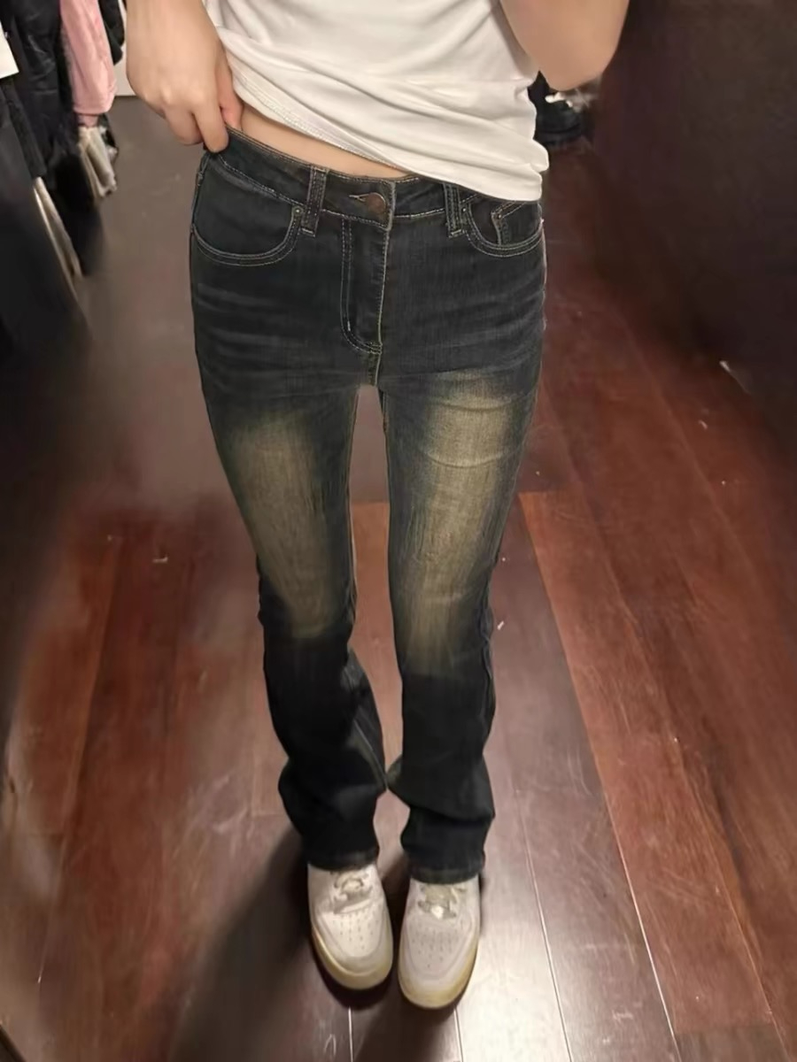 美式復古高街小直筒低腰牛仔褲女春夏季修身顯瘦彈力微喇煙管褲子