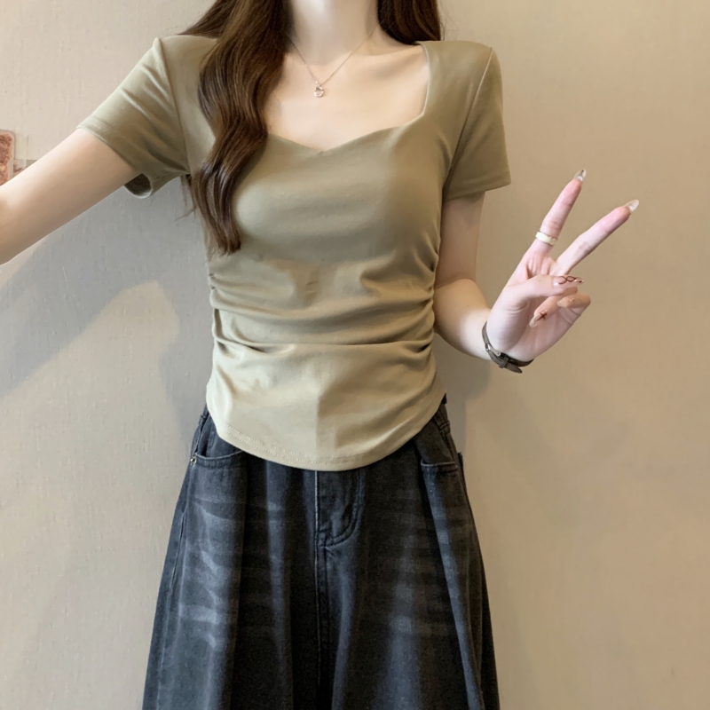 實拍 40支純棉 2024夏裝褶皺修身桃心領短袖T恤女鎖骨