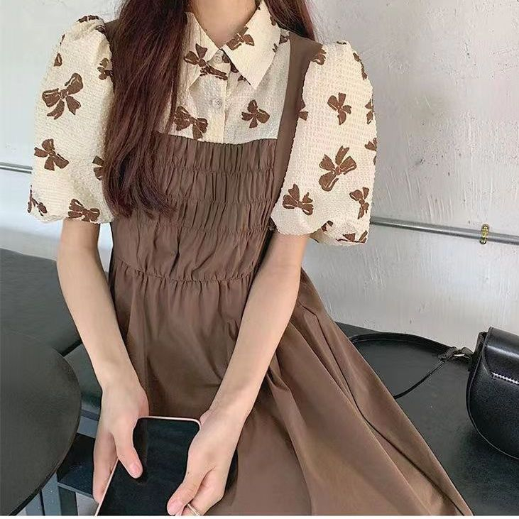 2024新款夏季森系連衣裙女拼接假兩件小眾泡泡袖可愛溫柔過膝長裙