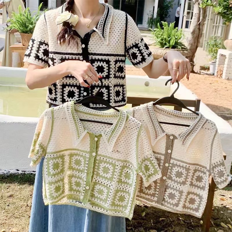 2024款甜辣法式上衣顯瘦女夏季微胖別致短袖條紋針織衫