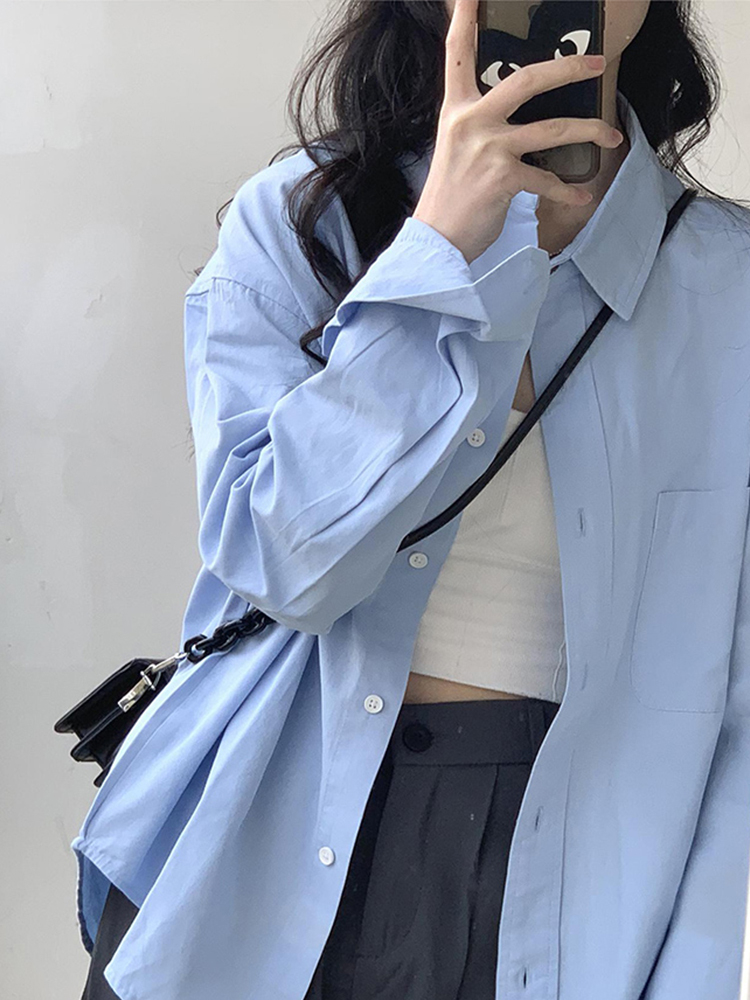 2024新款藍色襯衫女春秋薄款襯衣設計感小眾法式長袖chic上衣