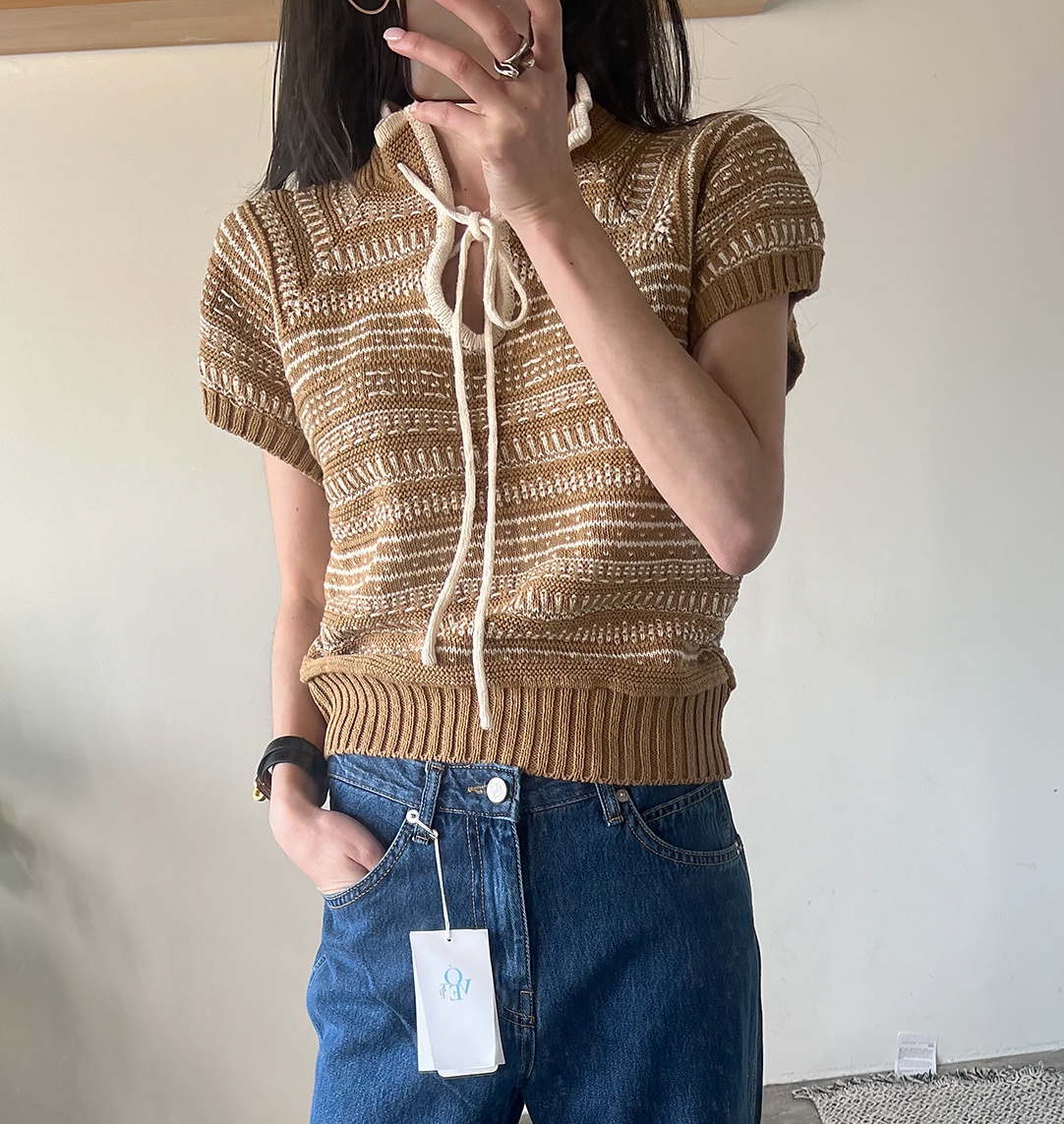INS韓國東大門！設計感撞色抽象小立領系帶短袖針織衫毛衣上衣