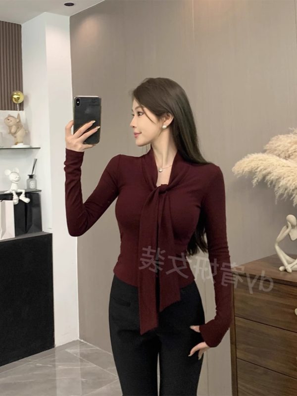 純欲性感系帶長袖T恤女裝早春新款高級感上衣修身顯瘦內搭打底衫