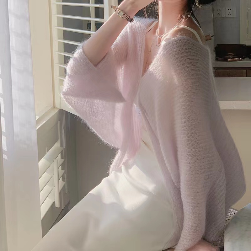 Mohair knitted cardigan for women spring and autumn 2024 new white sweater jacket with high-end shawl top