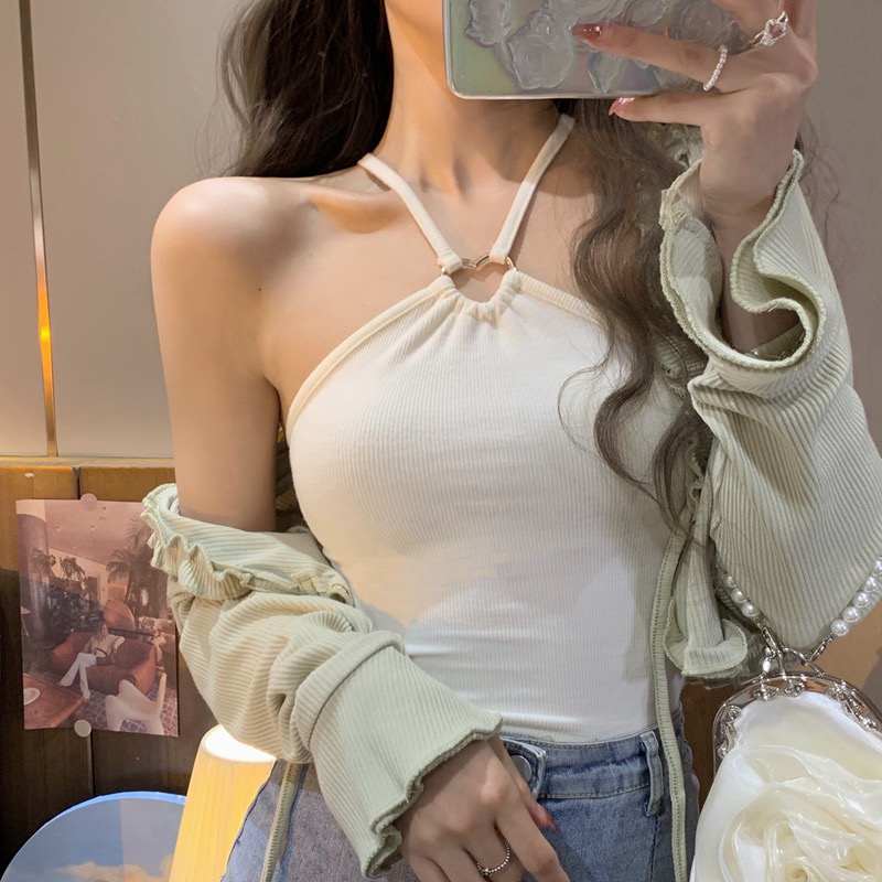 新款白色掛脖挖肩吊帶背心女內搭夏季辣妹裝穿搭打底美背無袖上衣