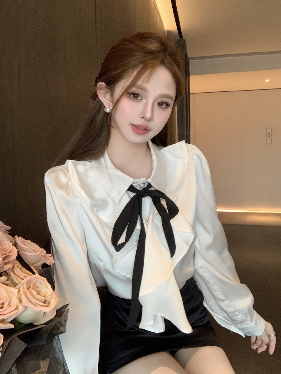 實拍 法式宮廷風泡泡袖領帶白色襯衫女設計感小眾荷葉邊襯衣上衣