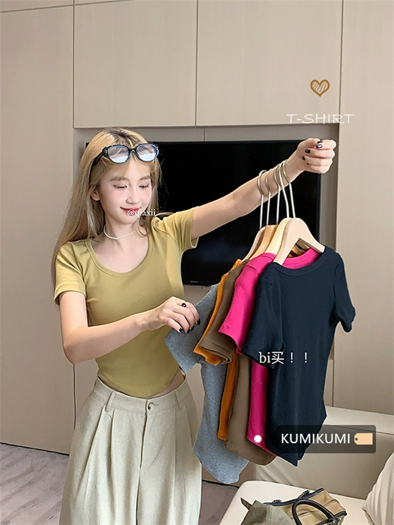 百搭正肩短袖T恤女春夏季U領修身顯瘦打底衫短款小眾不規則小上衣