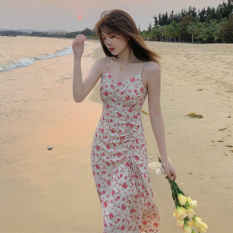 韓版ins法式甜美吊帶連衣裙女高腰顯瘦溫柔蝴蝶結露肩荷葉邊裙潮