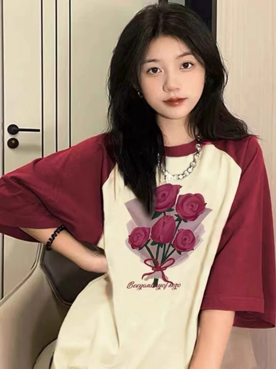 220g插肩袖100%棉 撞色拼色空白版短袖T恤女純棉M-3XL