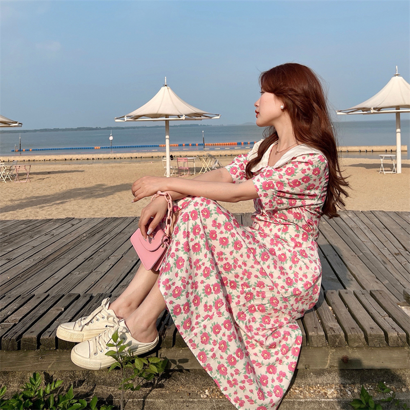 法式甜美娃娃領碎花連衣裙女夏季2024新款收腰顯瘦氣質初戀長裙子