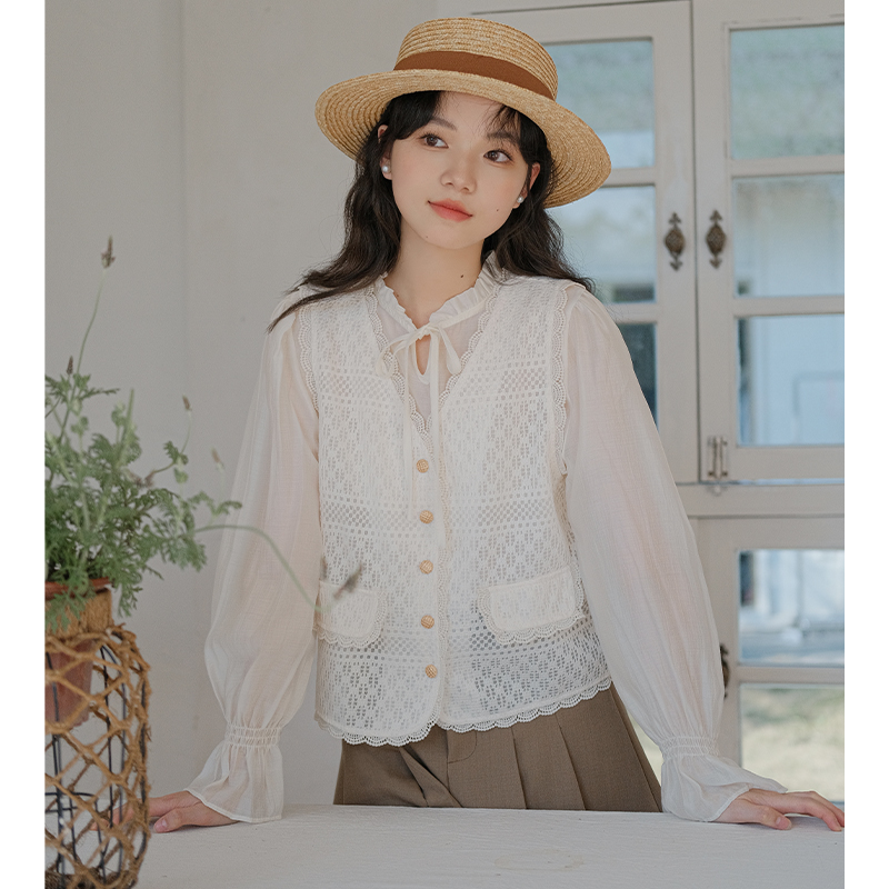 2024春季法式溫柔風木耳邊單排扣氣質馬甲襯衫韓系chic兩件套裝女