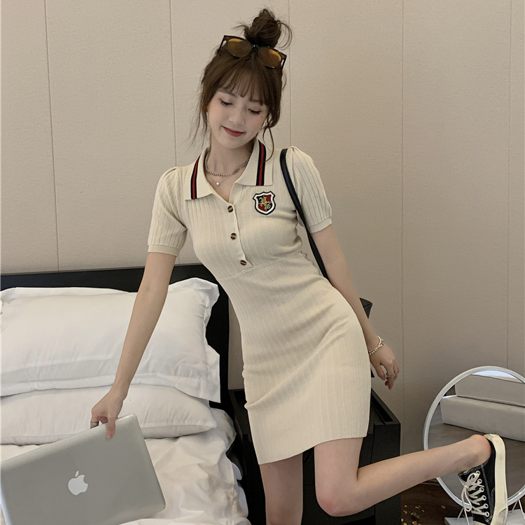 Korean college style Polo collar dress for women Xia Xiaoxiang style pure lust hot girl waist slimming knitted hip short skirt