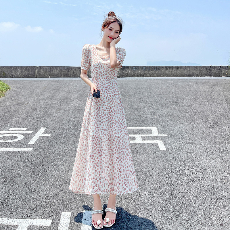 Korean style puff sleeve floral British style square collar slim fashion chiffon short sleeve mid-length dress new summer style