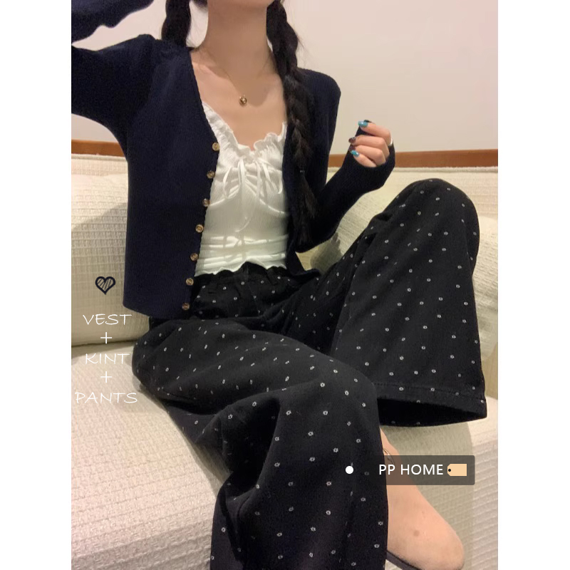 小個子碎花直筒闊腿褲女春季新款鹽系甜美黑色波點休閒褲闊腿褲潮