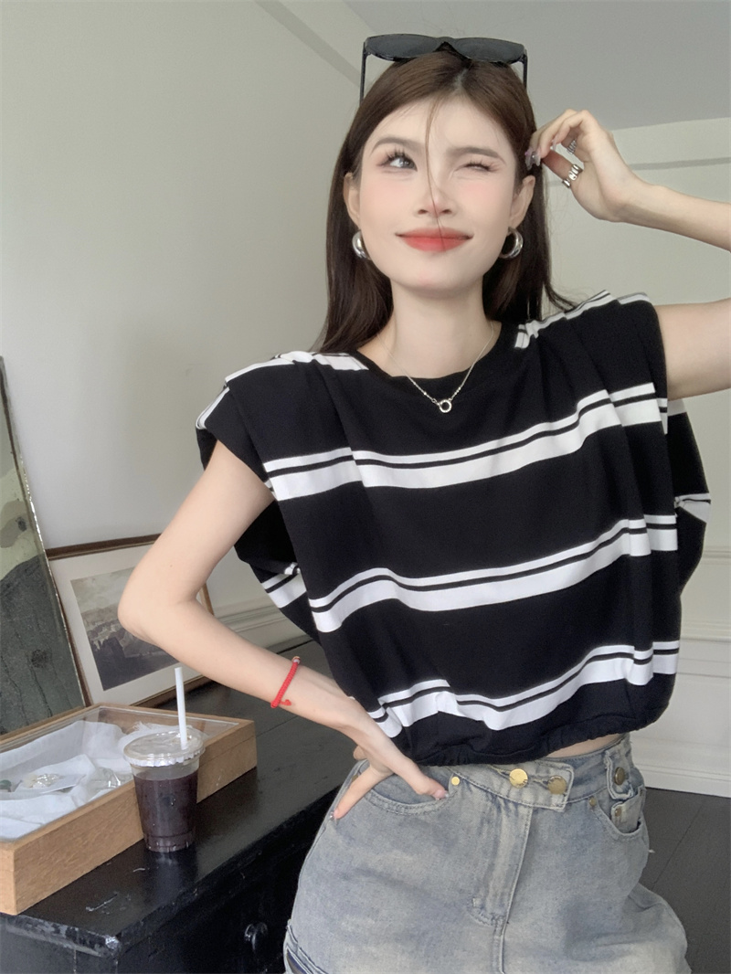 實拍夏小個子短款T恤條紋無袖上衣墊肩小衫設計感撞色坎肩背心女