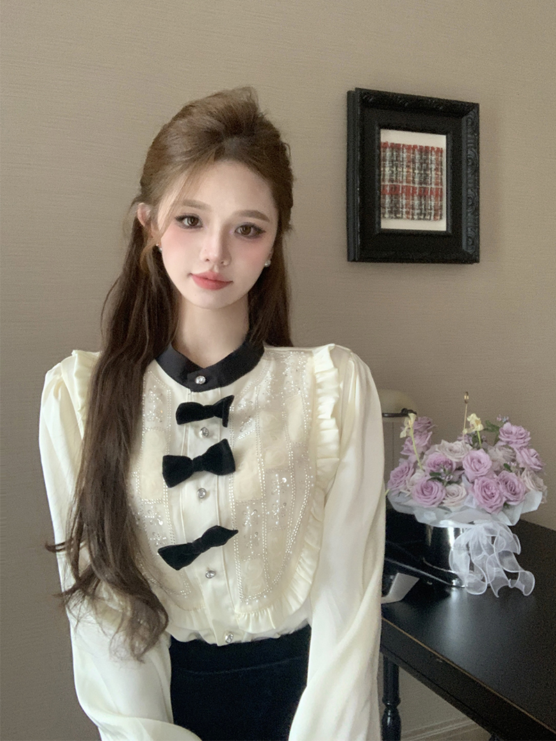 實拍 襯衫女甜美公主風木耳邊拼接長袖襯衣法式新款氣質開衫上衣