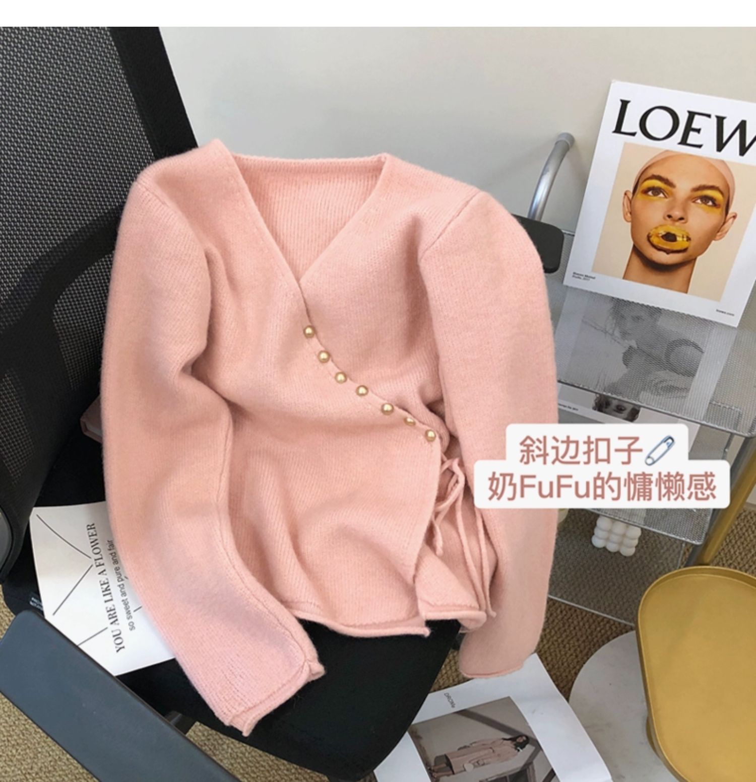 Nancy Cici自留款推薦~不規則斜扣V領針織外套女寬鬆繫繩毛衣開衫