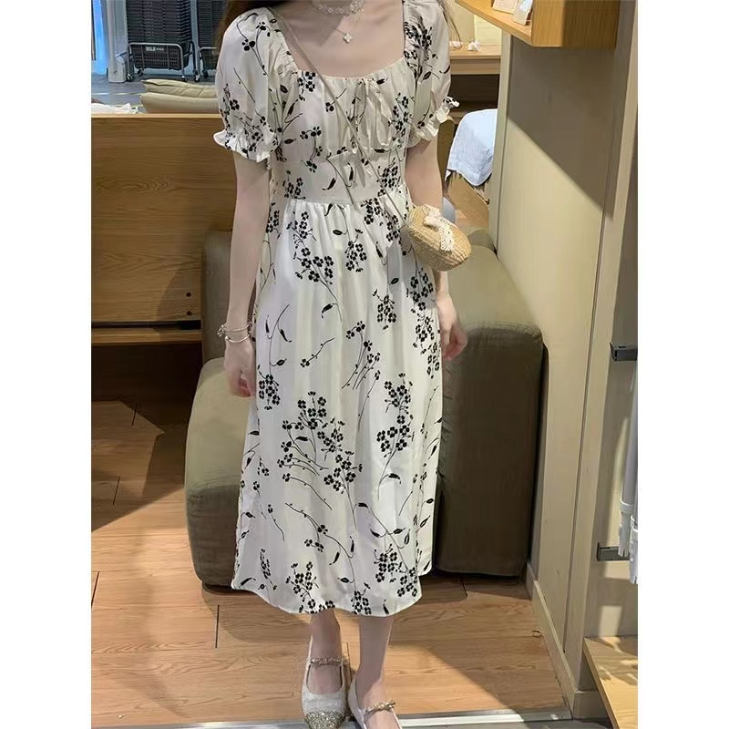 韓國夏季高級感茶歇法式初戀碎花連衣裙女夏季新款泡泡袖長裙女