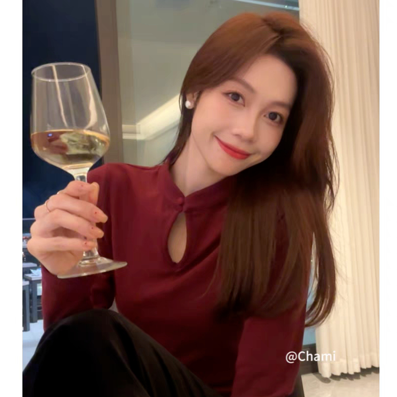 設計感小眾2024年春秋新款國風立領長袖T恤女內搭上衣紅色打底衫