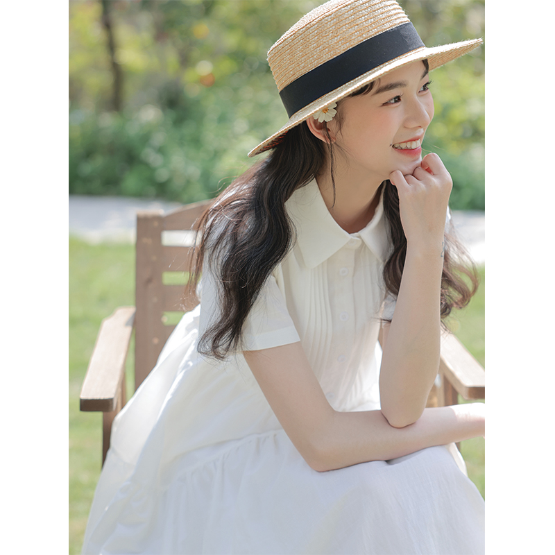 實拍法式風琴褶連衣裙女短袖夏季小個子白色系帶襯衫裙質感
