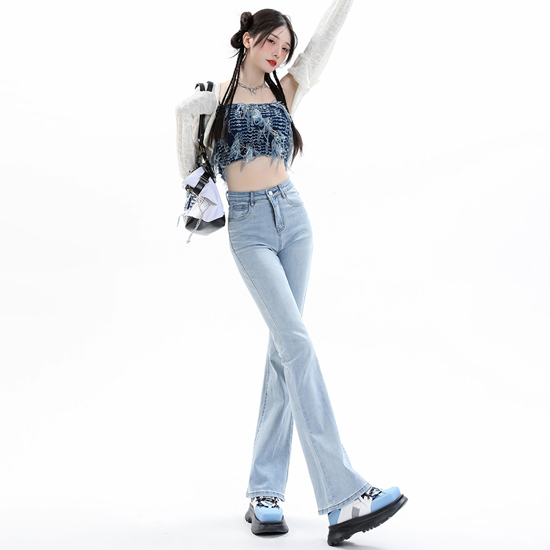 實拍2024春夏復古微喇彈力牛仔褲女高腰顯高顯瘦喇叭褲