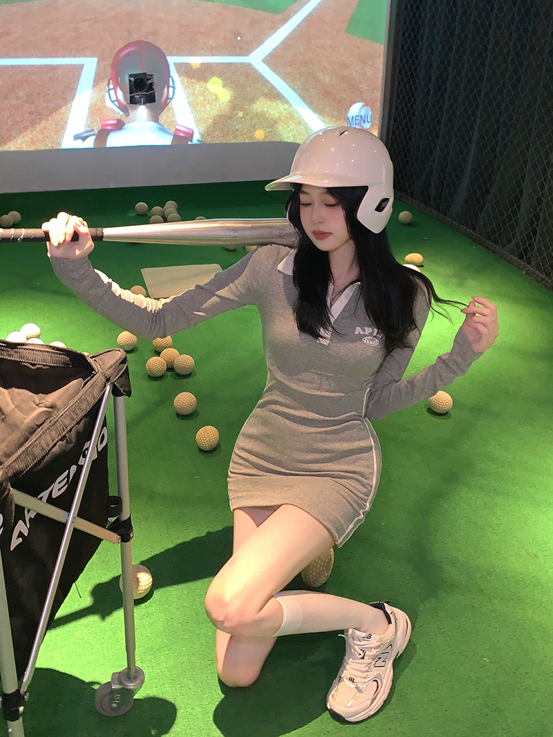 實拍三標齊polo領針織連衣裙字母顯瘦棒球裙女