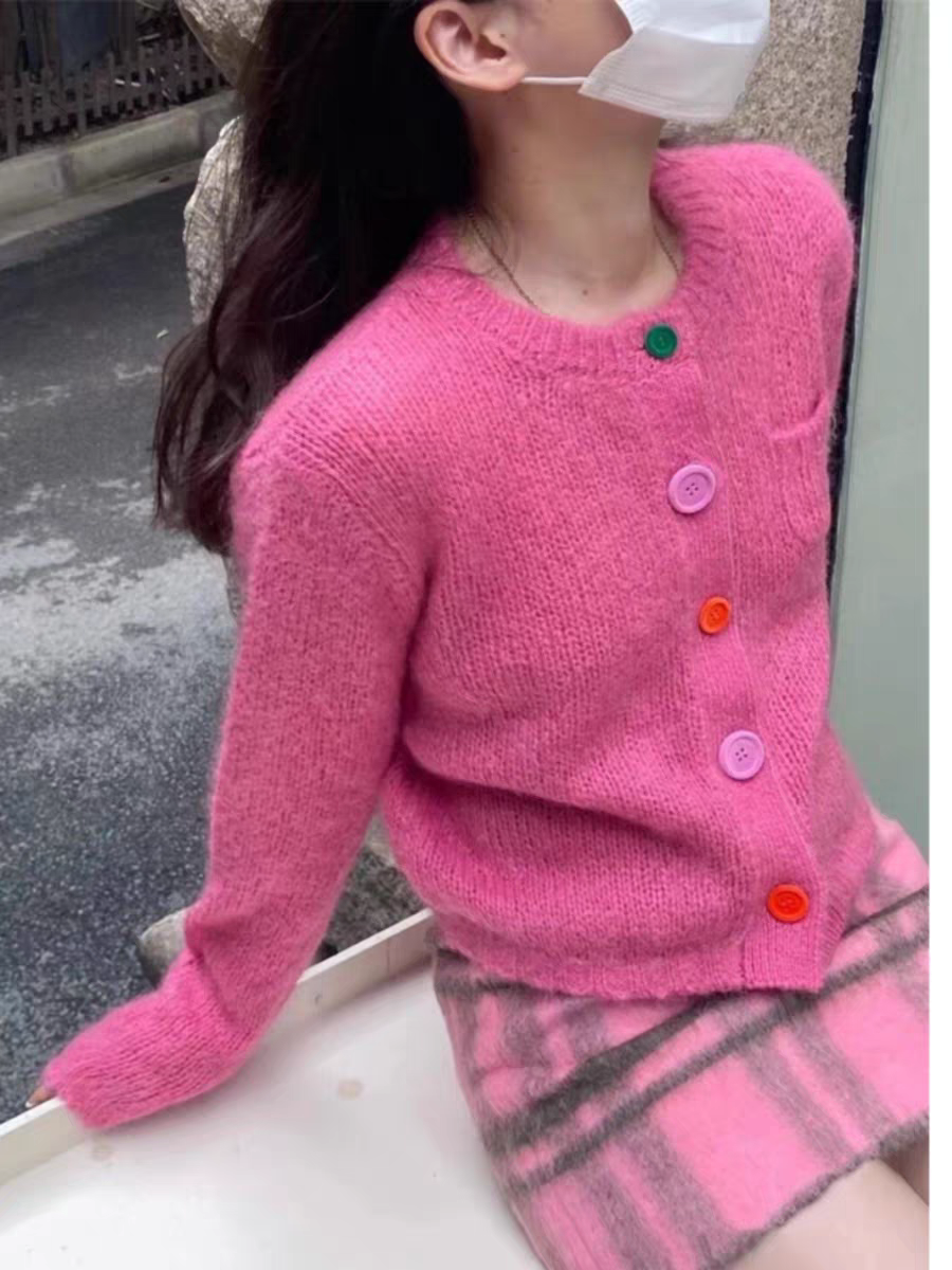 2024春晚章若楠同款馬海毛彩色紐扣開衫圓領長袖毛衣外套女潮