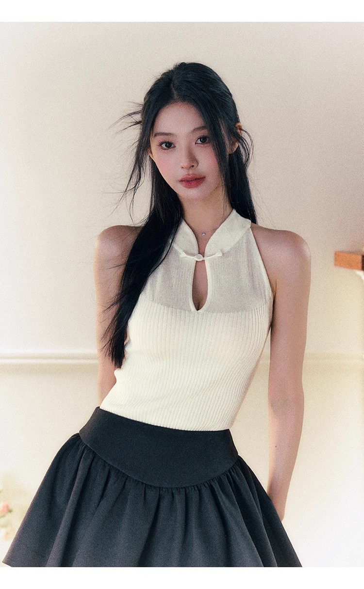 韓國夏季東方美學 新中式千金立領盤口小背心修身針織衫上衣