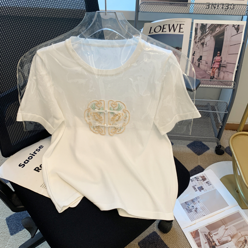 夏季新中式刺繡針織短袖女夏裝2024新款別致盤扣上衣寬鬆百搭