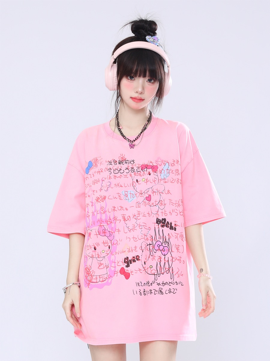 韓系卡通可愛白色短袖t恤女夏2024新款oversize純棉設計感上衣ins