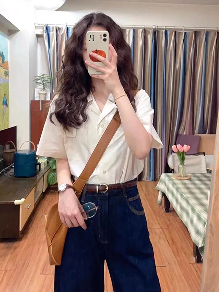 純棉氣質西裝領短袖女襯衫2024新款夏季白色高級感絕美輕熟上衣