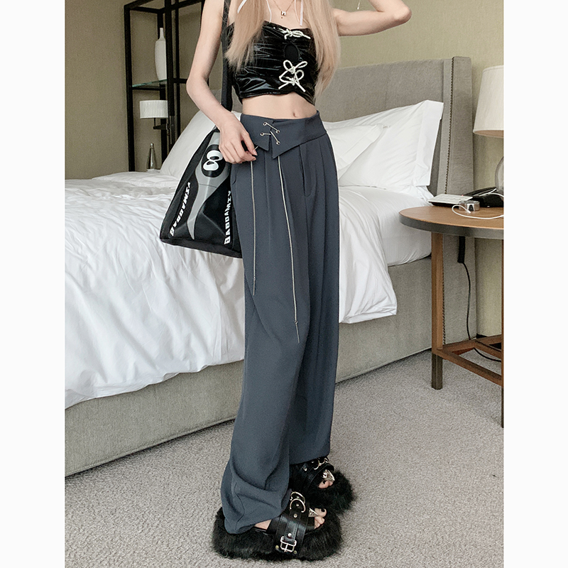 實拍!2024韓版鏈條闊腿褲子設計寬鬆直筒褲垂墜感休閒褲女