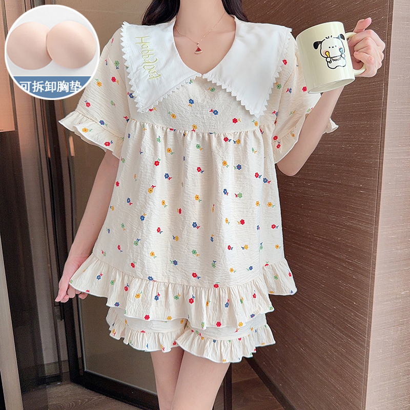實拍夏季韓版新款睡衣女梭織雲朵棉公主風短袖短褲甜美家居服套裝