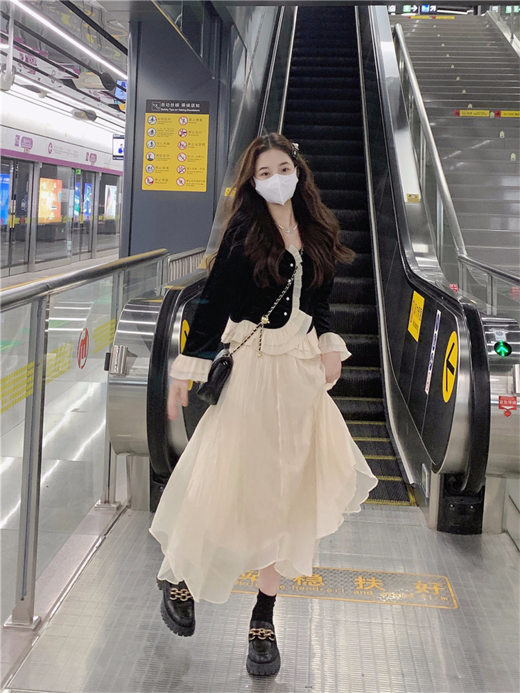 春裝新款2024年溫柔套裝仙女紗裙高級氣質中長裙兩件套女