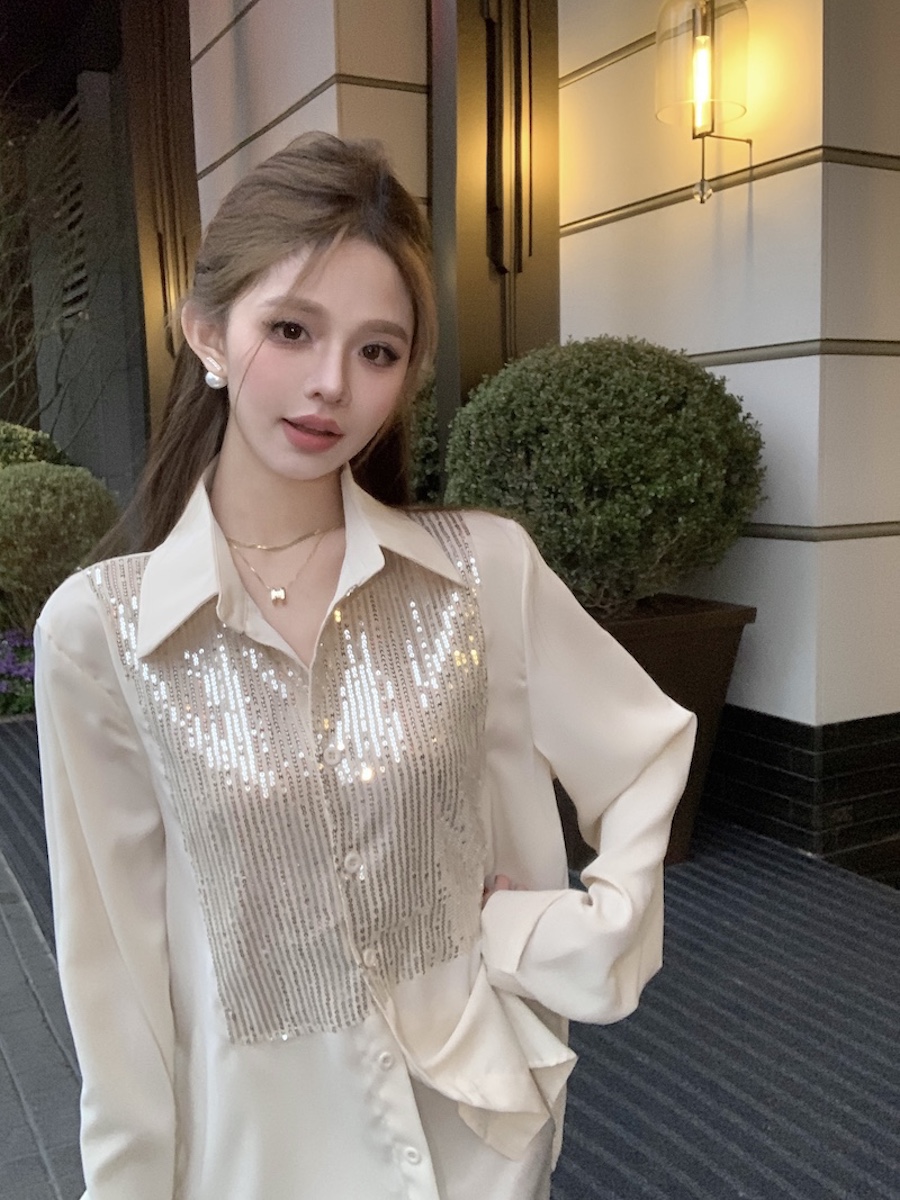 實拍 高級感輕奢緞面亮片襯衫新款女春秋長袖設計感小眾