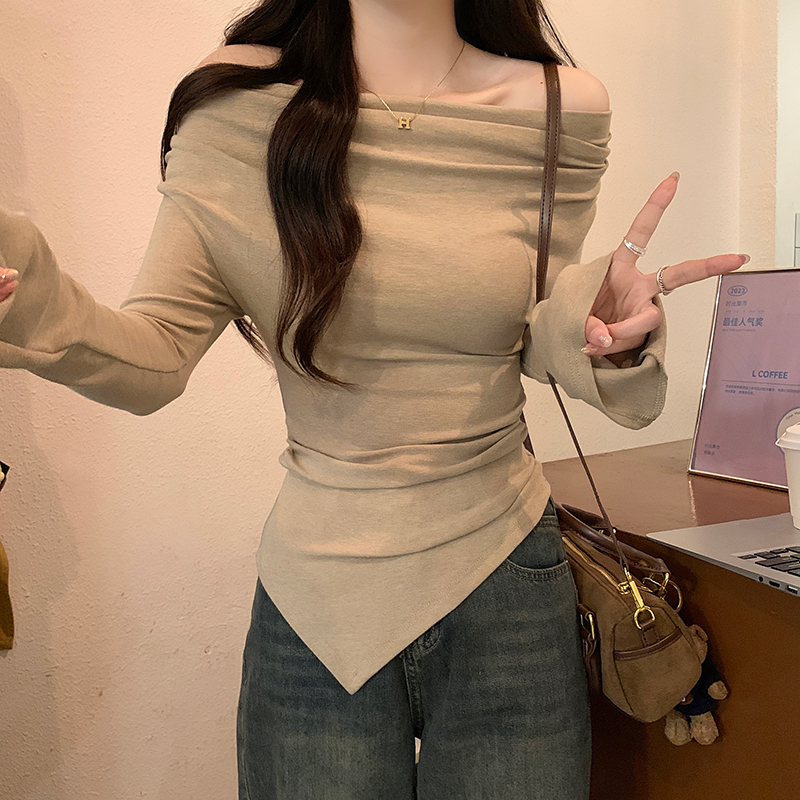 實拍莫代爾性感長袖t恤女春秋薄不規則口水領純色打底衫上衣