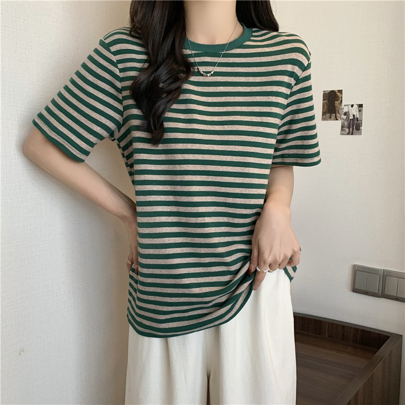 Actual shot of spring and summer Korean style loose and versatile striped round neck pure cotton pullover short-sleeved T-shirt for women