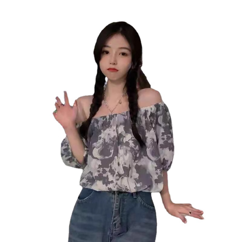 雪紡襯衫年夏季新款法式復古一字肩花ins潮設計感短袖T恤女潮