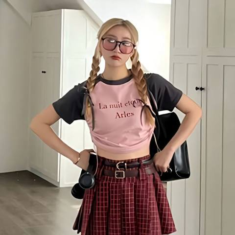 螺紋美式復古撞色修身辣妹設計感小眾內搭抽繩上衣