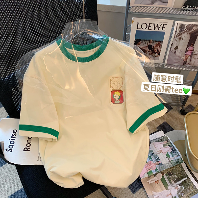 純棉後包條200克精梳緊密 新款短袖t恤女印花拼接 天貓質量