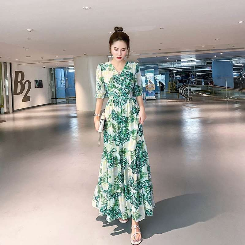 連衣裙2024春季甜美氣質V領小清新超仙甜美法式復古過膝長裙子女