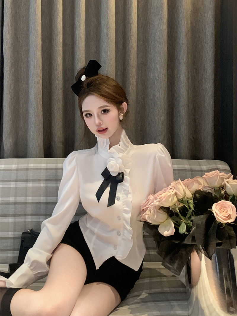 實拍 高級感緞面襯衫女款春裝長袖蝴蝶結短款上衣別致漂亮小衫