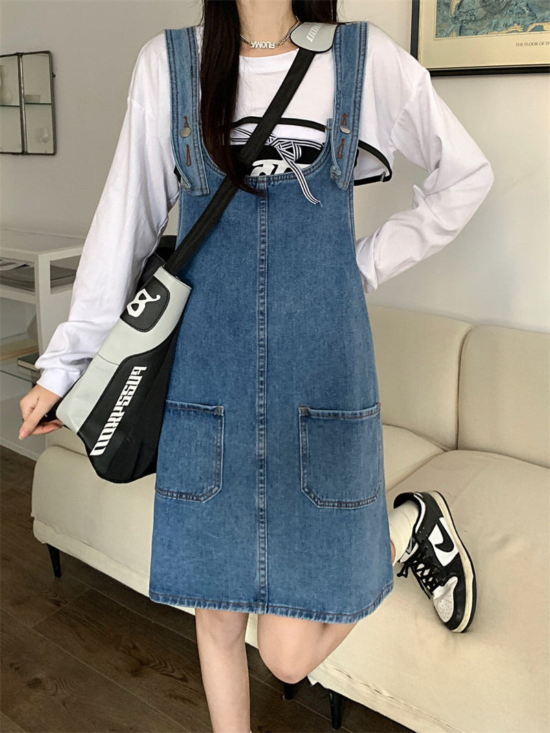 實拍牛仔背帶裙連衣裙女2024新款遮胯顯瘦吊帶裙寬鬆高腰裙子