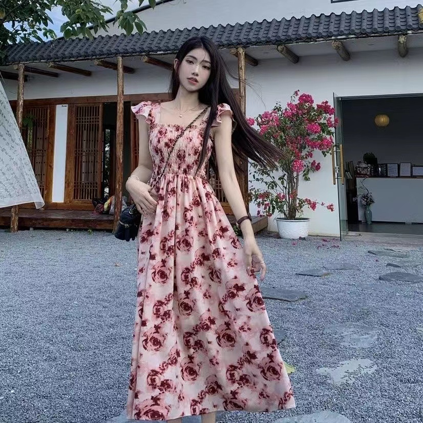 超仙森系連衣裙夏季新款小飛袖甜美氣質溫柔風法式碎花中長裙
