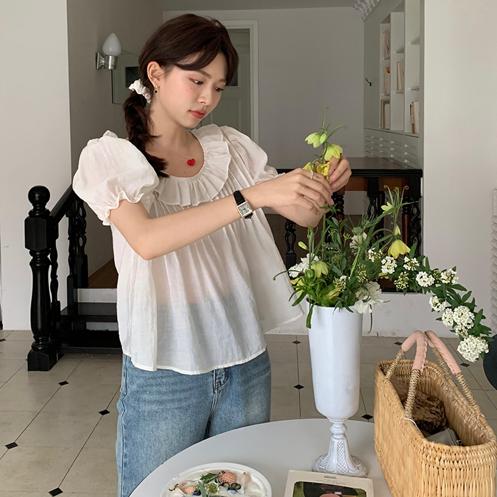 實拍 元氣少女小眾甜美復古娃娃圓領寬鬆泡泡袖襯衫上衣