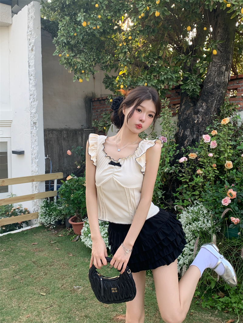 實拍 夏季新款法式甜美小飛袖設計感蝴蝶結木耳邊短款T恤上衣