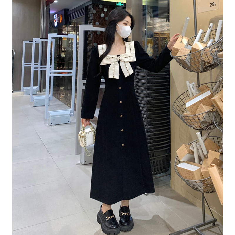 春秋胖mm高腰蝴蝶結方領長袖連衣裙女韓版時尚a字長裙子