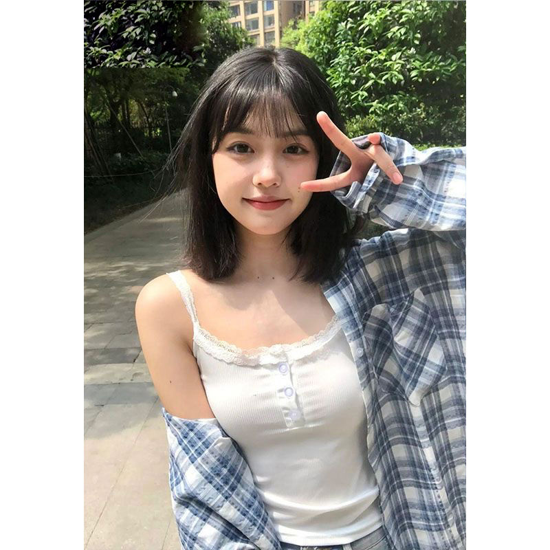 2024春夏新款韓系藍色格子襯衫女寬鬆百搭顯瘦防曬襯衣外穿