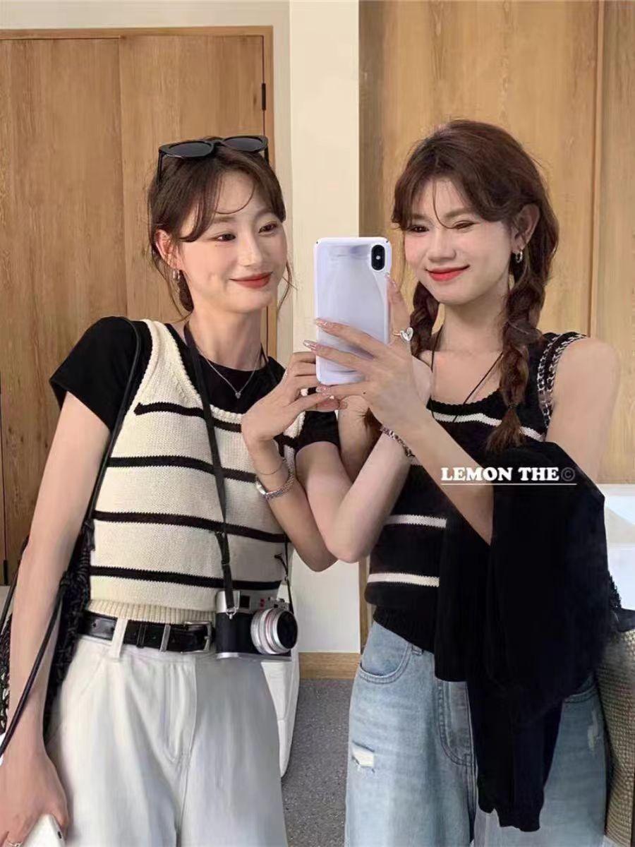 小眾氣質白色針織衫女夏季簡約交叉設計V領無袖修身顯瘦純色上衣